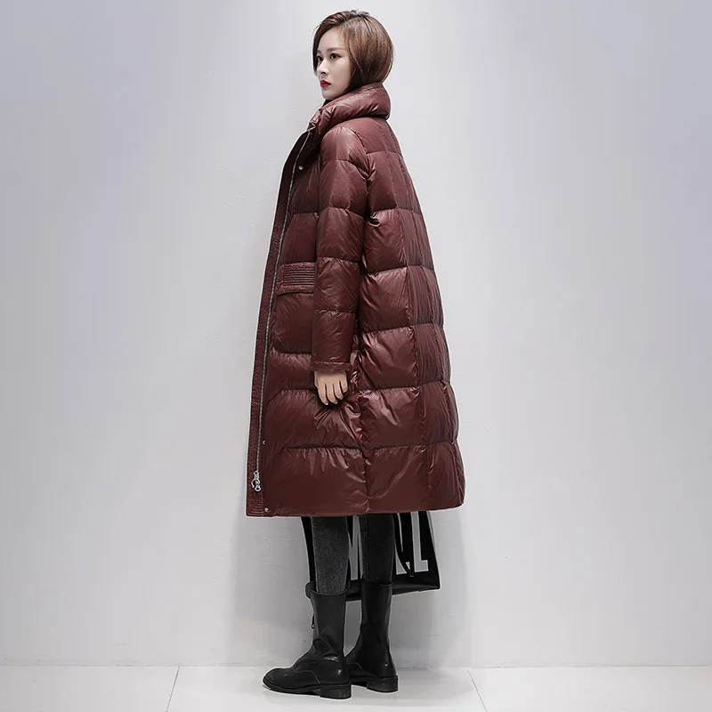 Fashionable Women's Mid-length Winter Down Jacket New Style Pure Color White Duck Down Warm Zipper Stand Collar Korean Coats