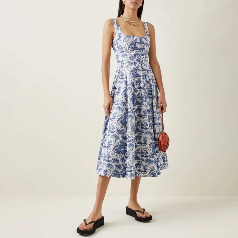 

Woman Vintage Floral Printed Spaghetti Strap Dresses for Women 2022 Summer Clothes A-line Vestido Midi