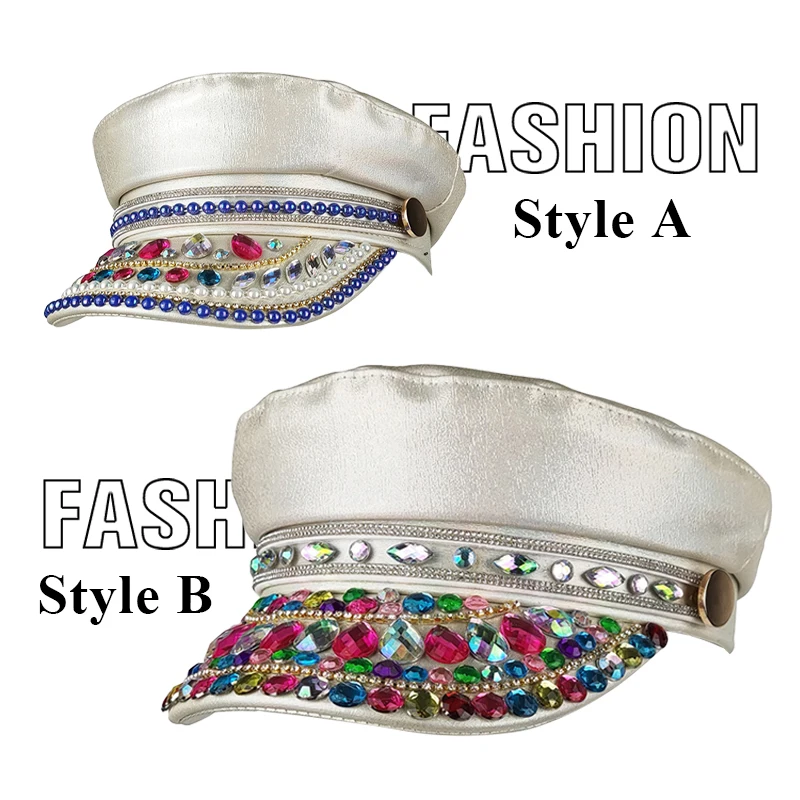 Unisex Rainbow Rhinestone Hat  Hip Hop Cortical Police Cap Military Hat Carnival Travel Personality Lady Flat-top Beret