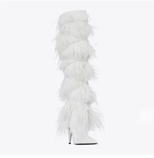 Spike Heeled Blue Black White Ostrich Fur Over The Knee Boots Women High Heel Autumn Winter Tassel Long Boots Plus Size