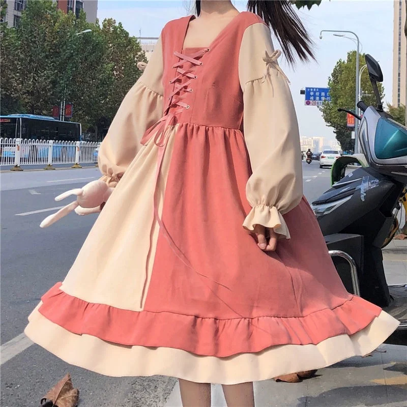 

Lolita Dress Pink Sweet College Style Navy Collar Dress Student Japanese Sweet Lace Shirt Long Skirt French Dress Women Gothic