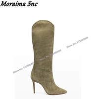 moraima snc solid slip on crystal decor boots for women knee high boots pointed toe stilettos high heels runway shoes on heels