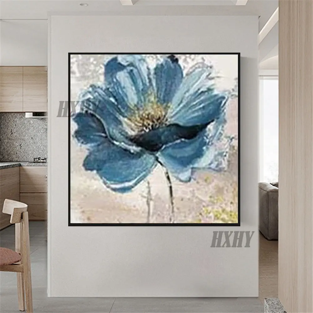 

Monet Hand-Painted Oil Painting Flowers Big Flowers White Light Blue Texture Abstract Canvas Paintings Living Room Decor Art