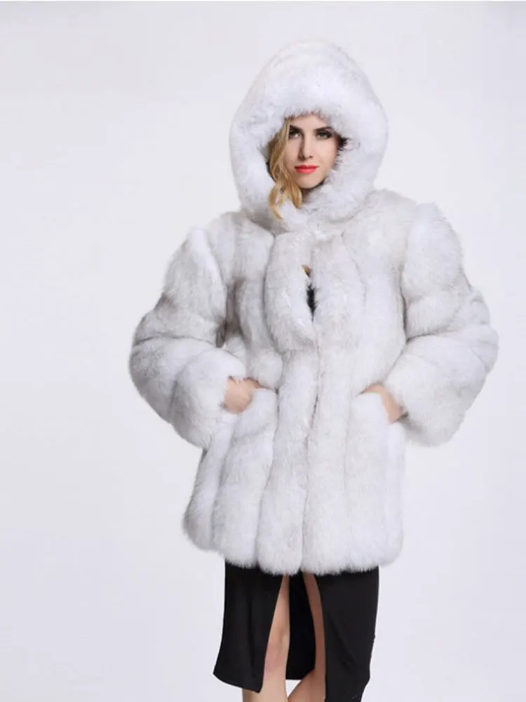 Women Winter Hooded Plush Faux Fur Overcoat Female Casual Elegant Loose Coat Jackets 2022 New Lapel Full Sleeve Fashion Coat