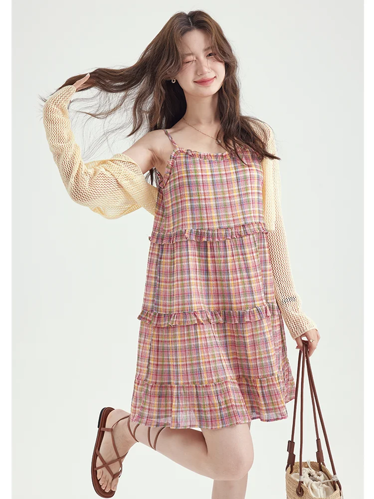 

Summer Cotton New Women Sweet Vintage Plaid Suspended Dress Camisole Comfortable Loose Fit High Street Fashion Ruffles Vestidos