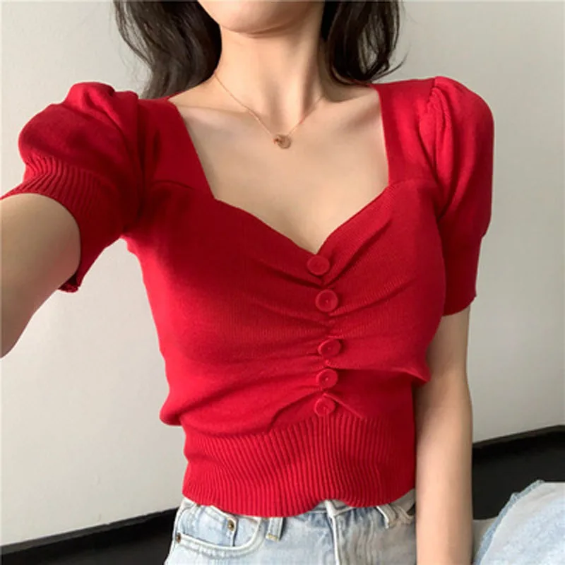 

Boring Honey Single-Breasted Low-Cut Tops Decorative Button Solid Colour Women's T-Shirts Knitted Short Sleeves Women Clothing