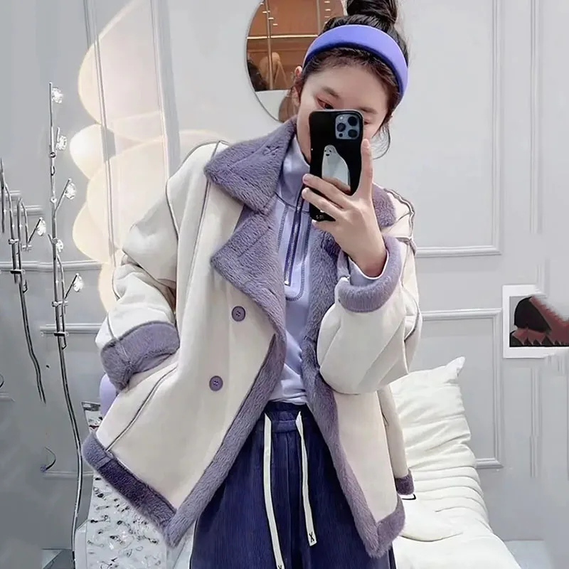 One-Piece Fur Jacket Women Lamb Fur Overcoat Loose Thicke Motorcycle Clothes New Autumn Winter Deer Velvet Coat Female Outwear