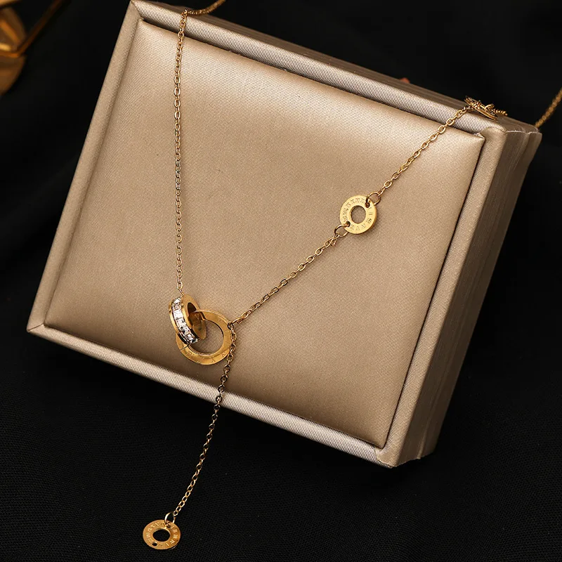 

Double ring Roman number sweater chain with gold color titanium steel collarbone necklace for women 2022 Jewelry Dropshipping