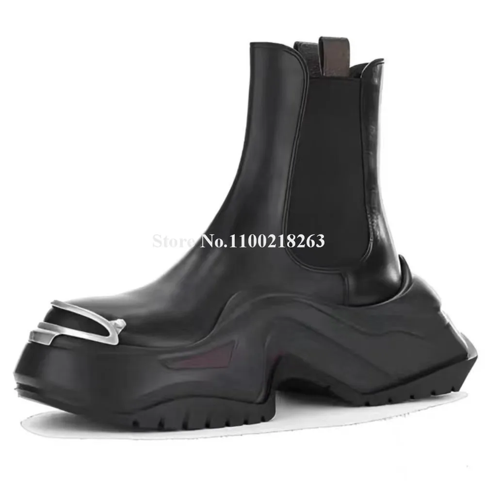 

Ботильоны на толстой подошве для мужчин и женщин, модные короткие ботинки с круглым металлическим носком, черные матовые кожаные, без застежки, увеличивающие рост