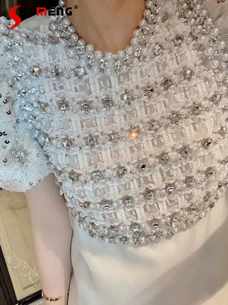 

Embroidery Beads Rhinestone Midi Dress for Women Spring Summer 2022 New Sweet Diamond-Embedded Short Sleeve White Dresses Female