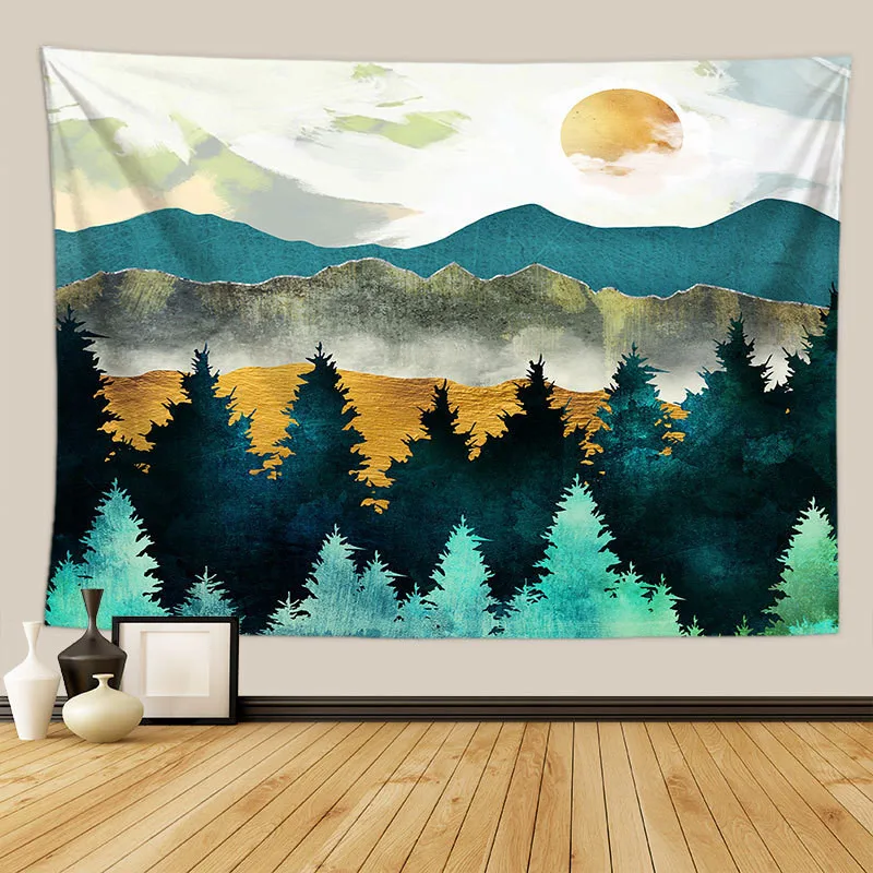 

Landscape Abstract Sunset Mountain Tapestry Forest Wall Hanging Blanket Tie Dye Tapestries Home Bedroom Living Room Dorm Decor