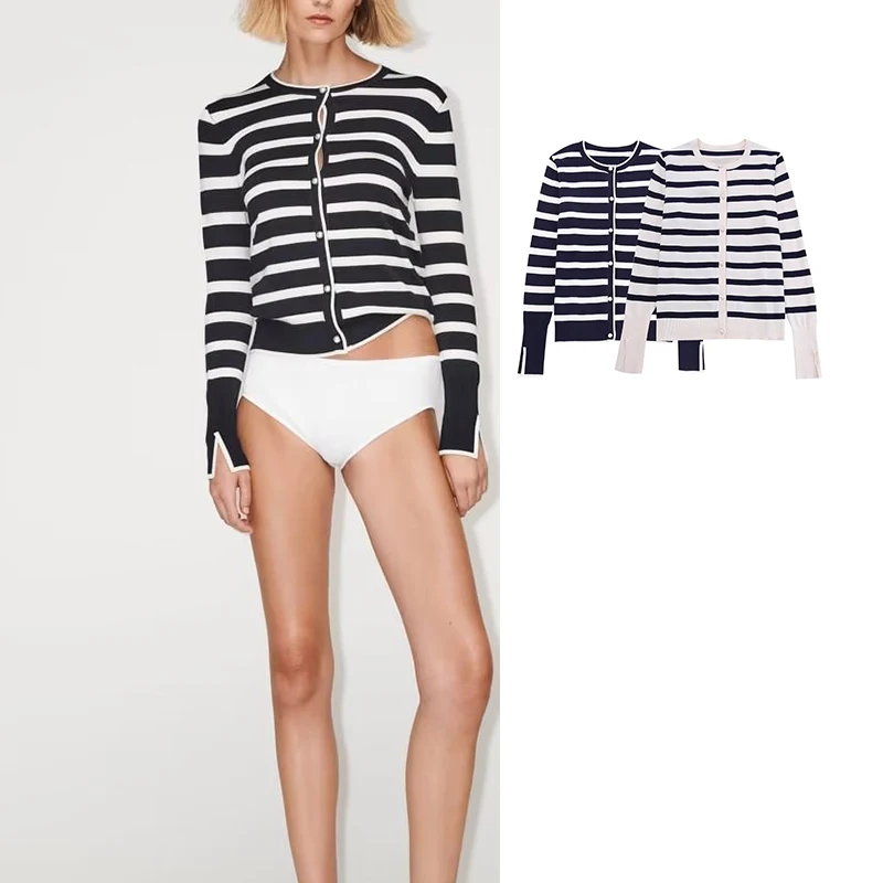 

TRAF Stripe Cardigan Women Long Sleeve Cardigans Woman Autumn 2023 Single Breasted Casual New Knit Sweaters