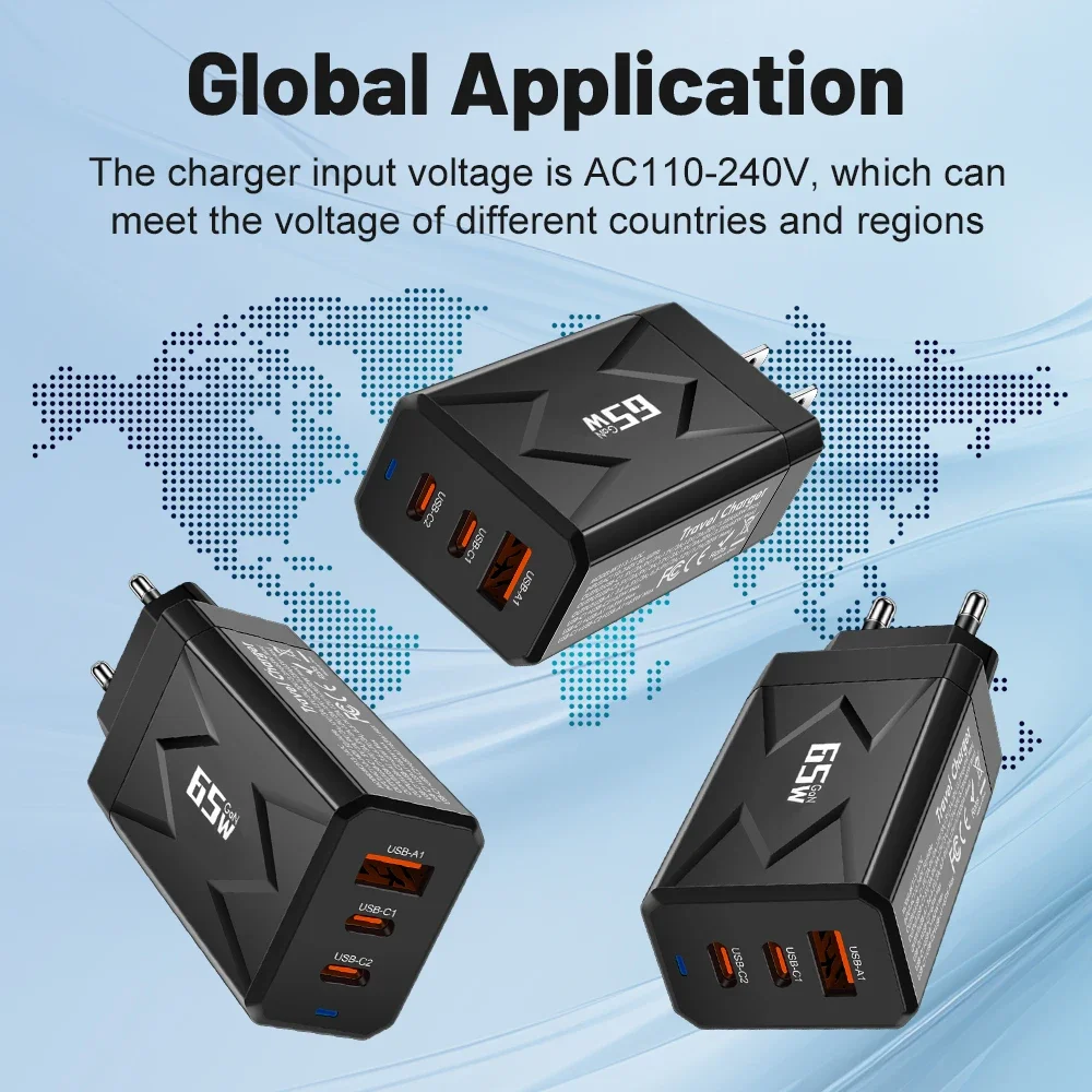 Быстрое зарядное устройство USB 65 Вт 3 порта PD Type C быстрая зарядка настенное с