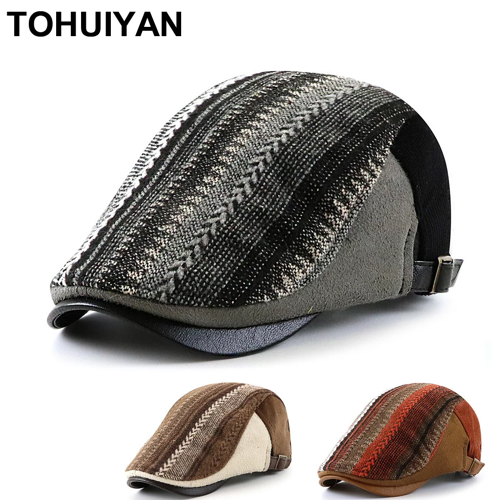 TOHUIYAN Classic Knitted Newsboy Caps for Men Autumn Winter Flat Cap Women Boinas Warm Berets Hats Casual Duckbill Driving Hat