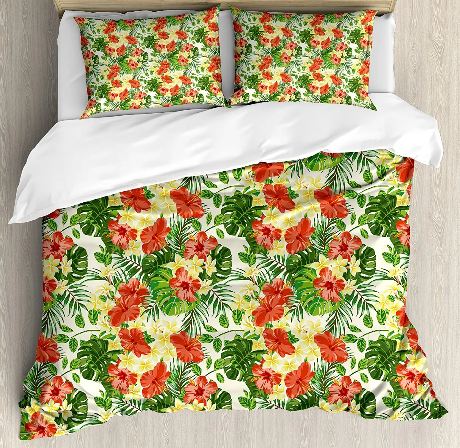 

Tropical Bedding Set For Bedroom Bed Home Exotic Pattern with Plumeria Hibiscus Monstera Duvet Cover Quilt Cover And Pillowcase