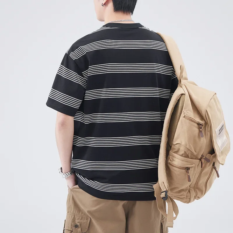 Ankay Japanese Vintage Striped Short Sleeve Men's T-shirt Loose Fit New Style Trendy Brand Half Body Round Neck