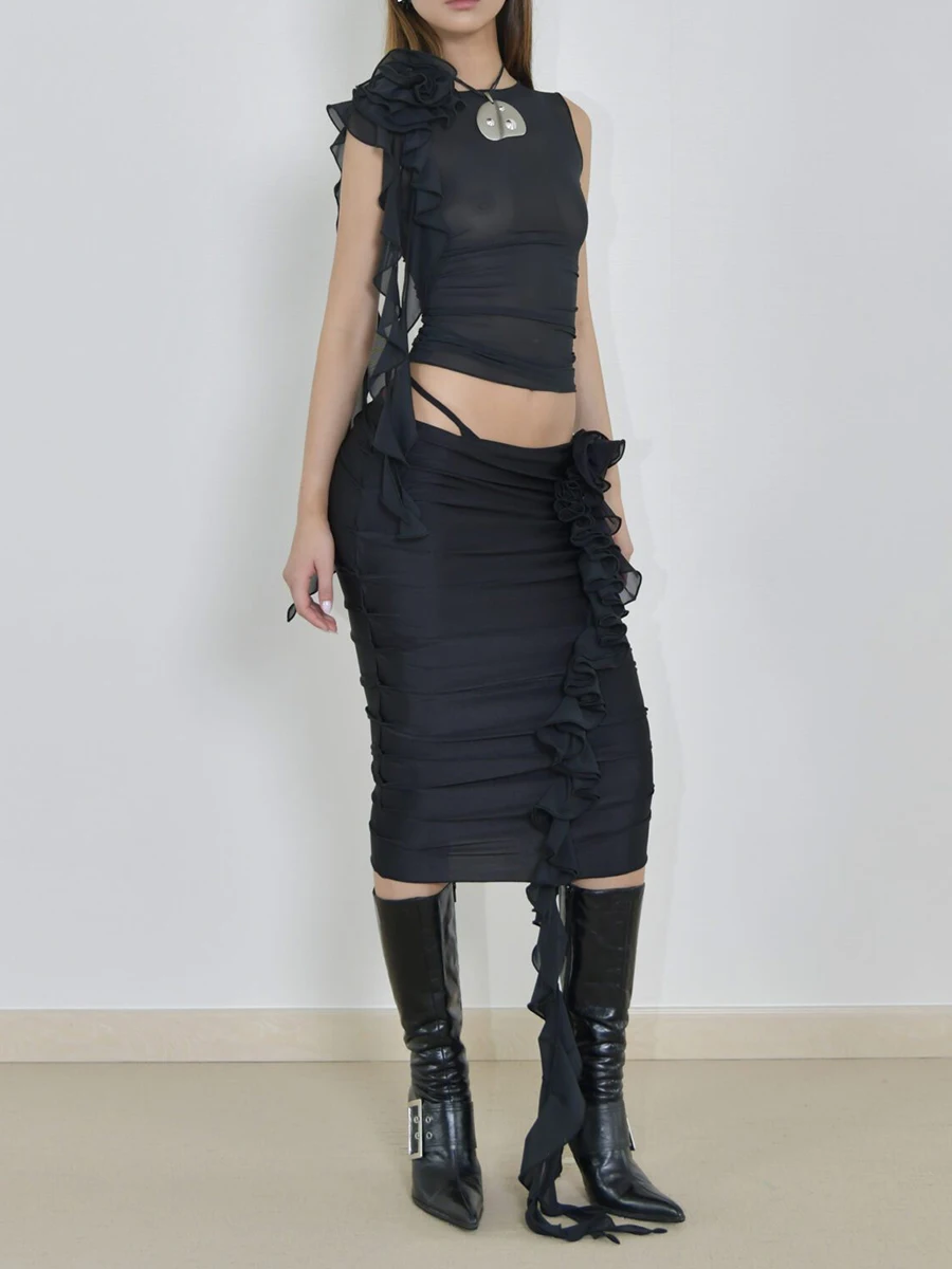 

Women 2 Piece Maxi Dress Ruffled Skirt Sets Sexy Bodycon Sleeveless Crop Top Asymmetric Hem Party Club Night