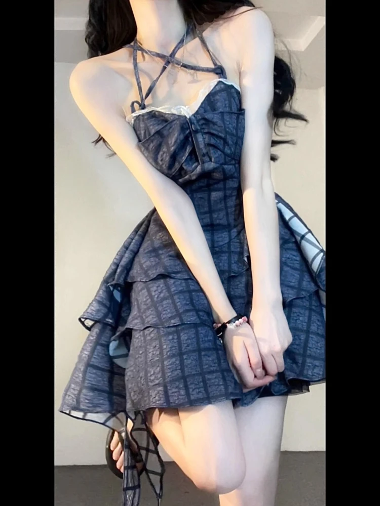 

Синее клетчатое цельнокроеное платье, корейская мода, летнее сексуальное мини-платье на бретелях Y2k, женское повседневное короткое платье неправильной формы, модель 2023 года