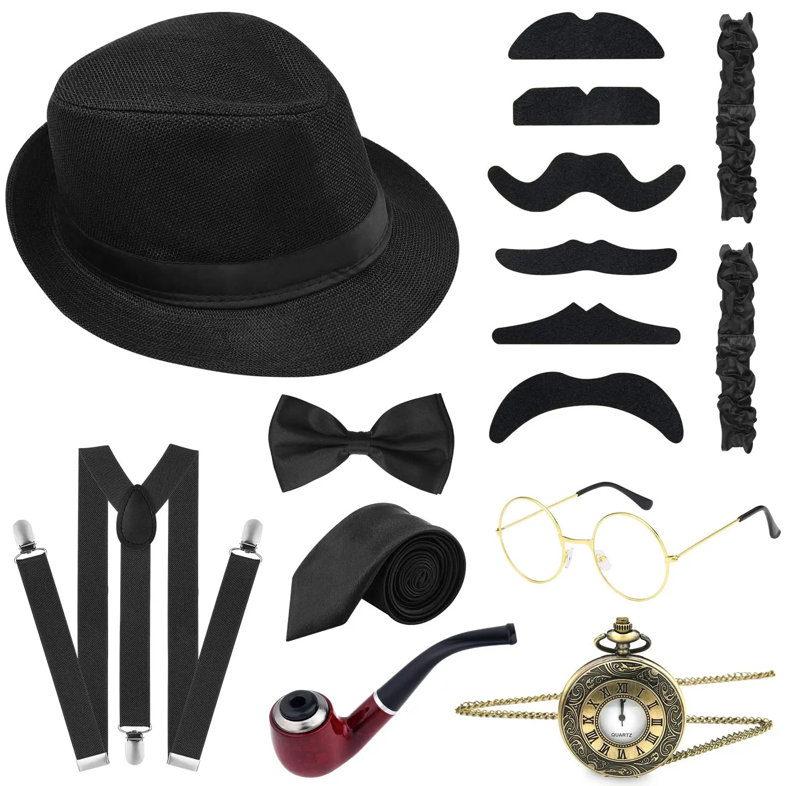 

Halloween Great Gatsby Cosplay Costume 1920s Men Gangster Accessories Set Hat Suspenders Armbands Tied Bowtie Pocket watch
