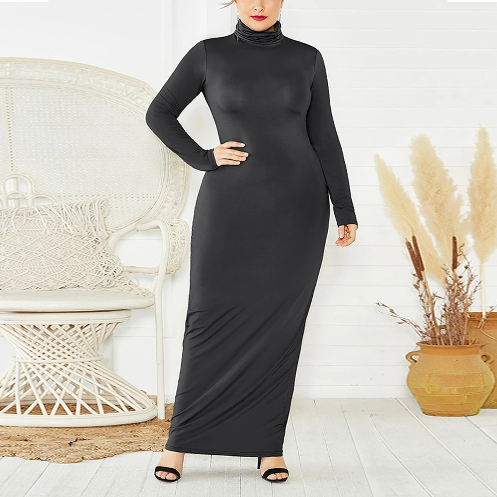 

Women Plus Size Arab Knit Dress Long Sleeve Turtleneck Dress Soild Stretch Slim Autumn/Winter Casual Long Dress