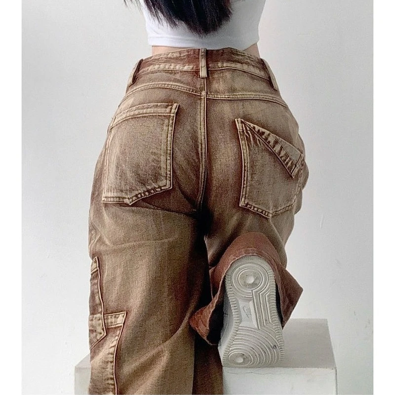 womens loose High waist brown tooling jeans 2021 winter fashion Y2K straight leg denim trousers retro loose high waist  jeans