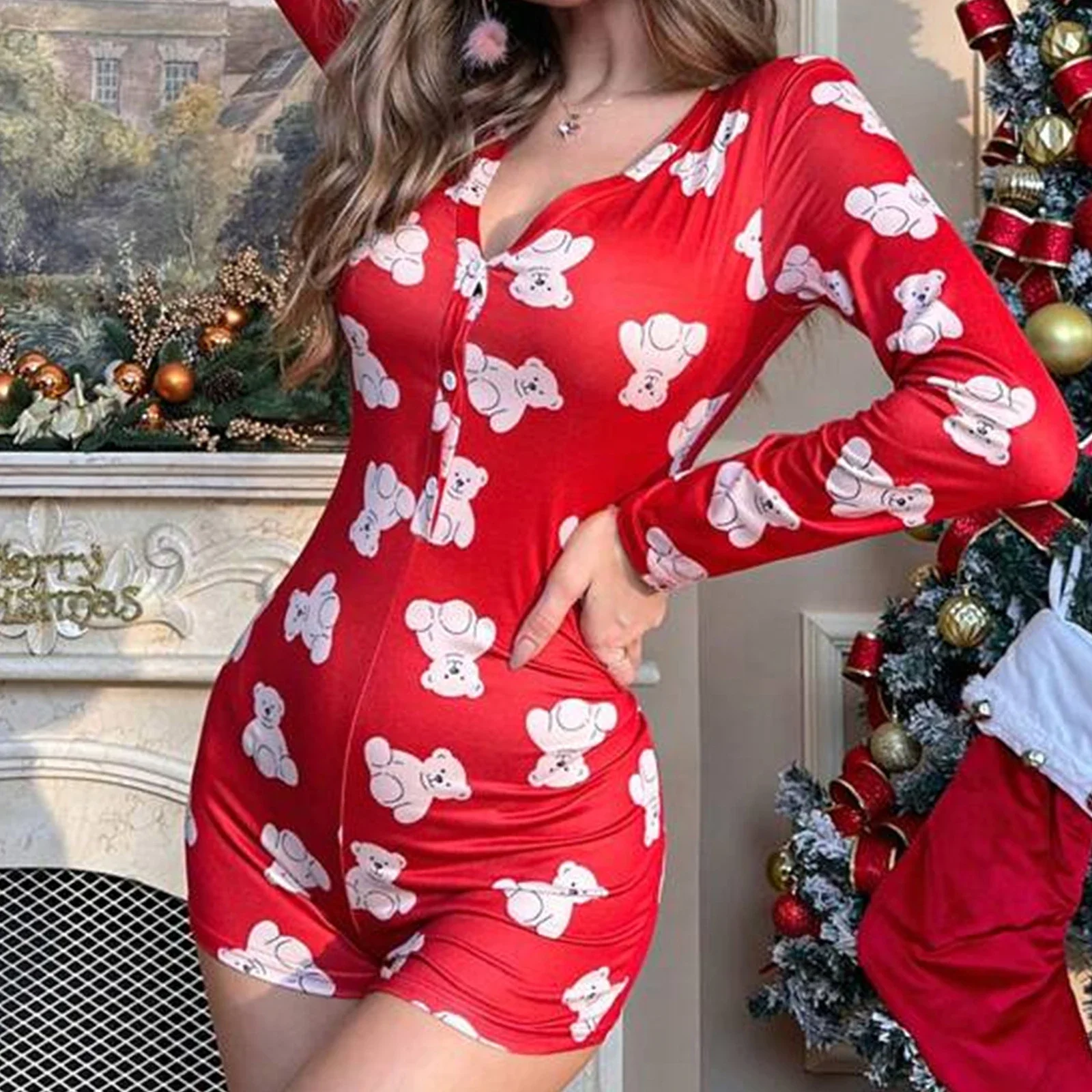 Женская рождественская Пижама-комбинезон с длинным рукавом