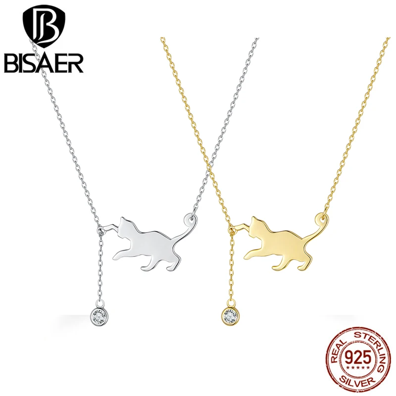 

BISAER 925 Sterling Silver Cute Cat Pet Pendant Necklace Animal Original Link Chain Plated Platinum For Women Fine Party Jewelry