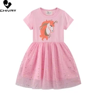 girls dresses summer 2022 kids baby girl cartoon unicorn short sleeve o neck dress girls cute swan rabbit print princess dress