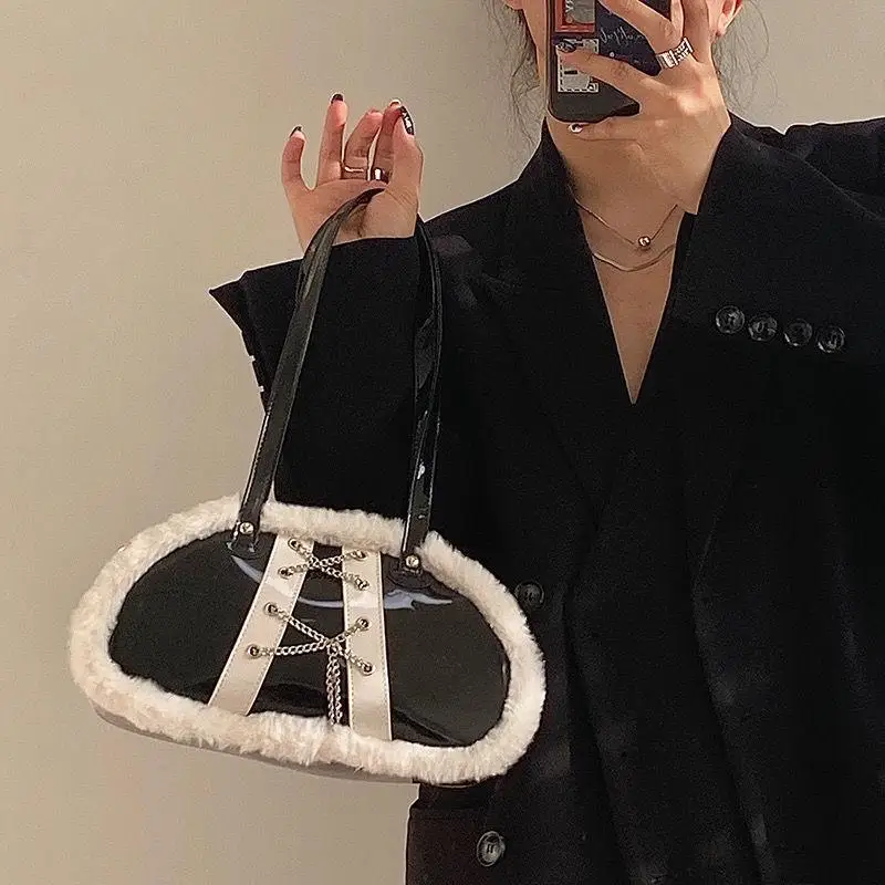 

Сумка на плечо Y2K из искусственной кожи контрастных цветов, женская дизайнерская брендовая плюшевая сумка для подмышек, женская модная прос...