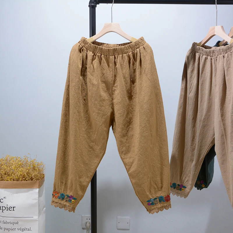 

2022 Spring New Sweet Embroidery Hem Elastic Waist Pants Women Casual Trousers 821-130