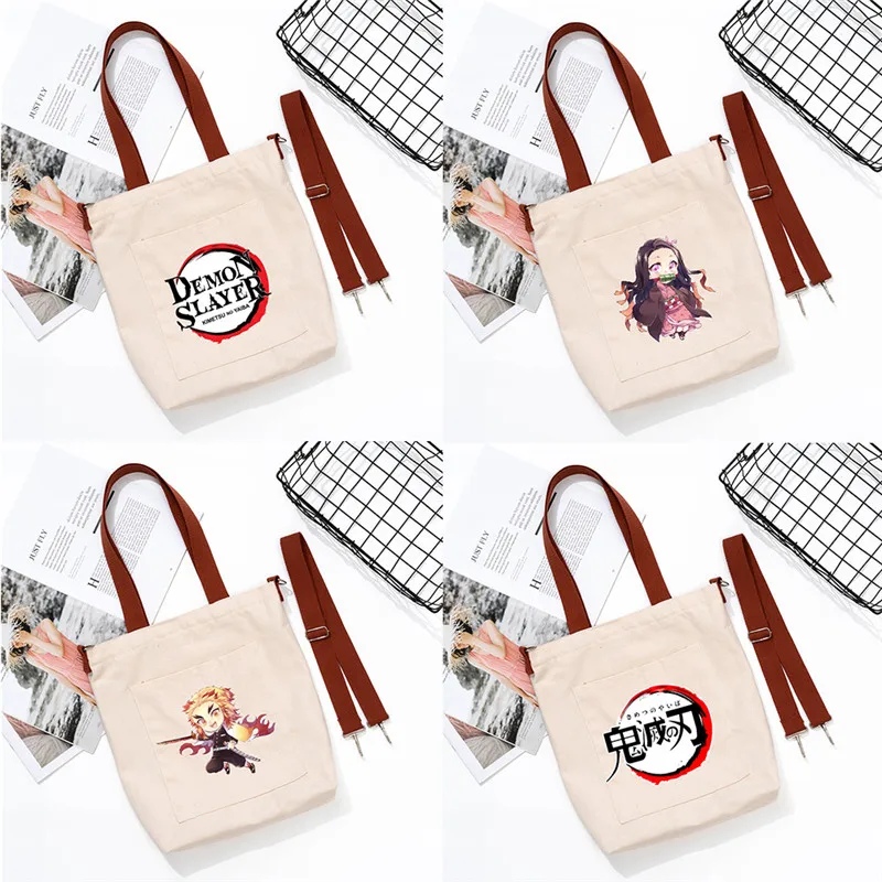 

Demon Slayer Shopping Bag Anime Graphic Tote Harajuku Shopper Women Canvas Shoulder Female Funny Eco Large-capacity Accessories