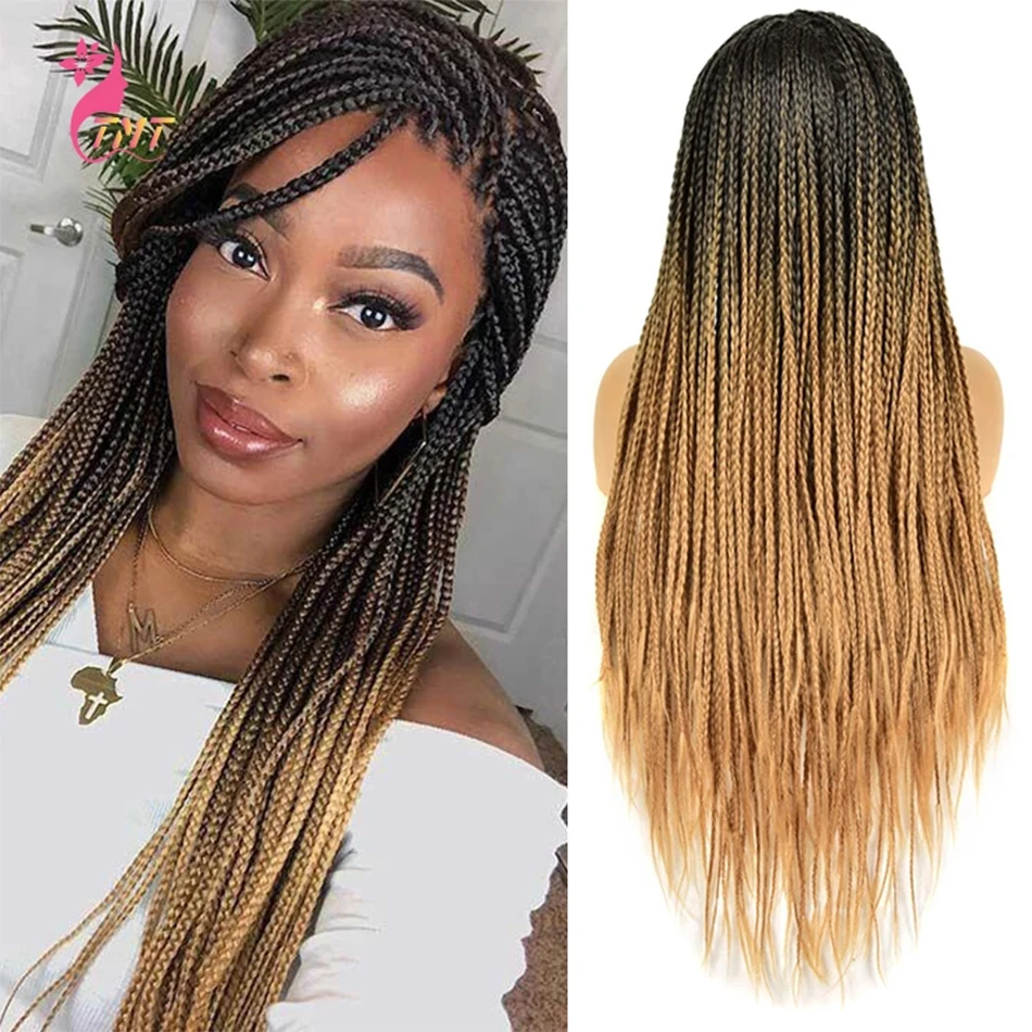 26 Inch Ombre Long Synthetic Wigs Box Braided Wigs For Black Women Braided Wig Fake Scalp Heat Resistant Braiding Hair Cospaly