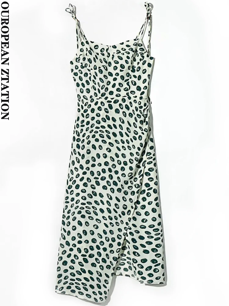 

PAILETE summer Women fashion french green print slit midi dress vintage backless adjustable thin straps female dresses mujer