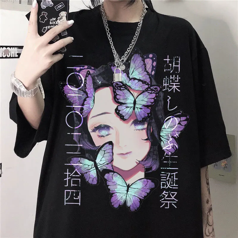

Oversize Kawaii Harajuku Streetwear for Summer Unisex Japan Anime Demon Slayer Kocho Shinobu Print Cotton Tshirts for Men/Women