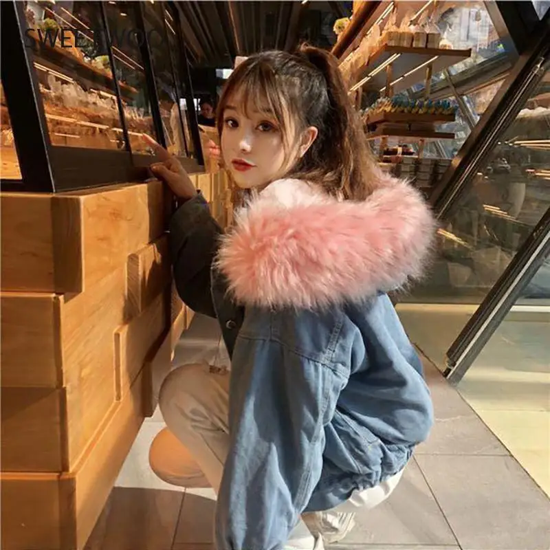 Plus Velvet Thickening Denim Jacket Winter Warm Hooded Fur Collar Single-Breasted Jackets Casual Warm Lambswool Streetwear Parka