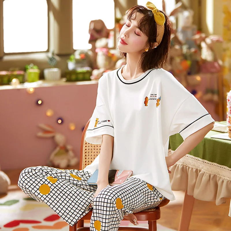 Pajamas Women's Summer Short Sleeved Trousers Two-piece Set of Pure Cotton Lovely Sweet Casual Home Clothes