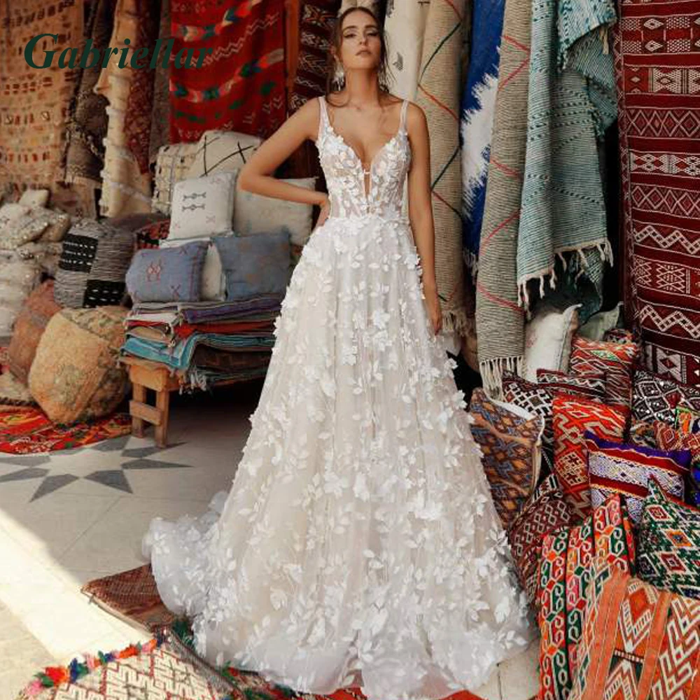 

Gabriellar Exquisite 3D Flowers Appliques Wedding Dresses 2023 V-neck Backless Wedding Gown Vestido De Noiva Customer Made
