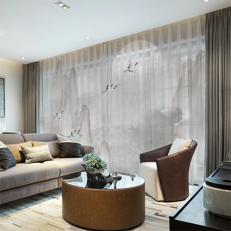 

Заказная шифоновая прозрачная занавеска для спальни, гостиной, горного холма, кран, картина с Луной, хаки, серый, коричневый, розовый, синий