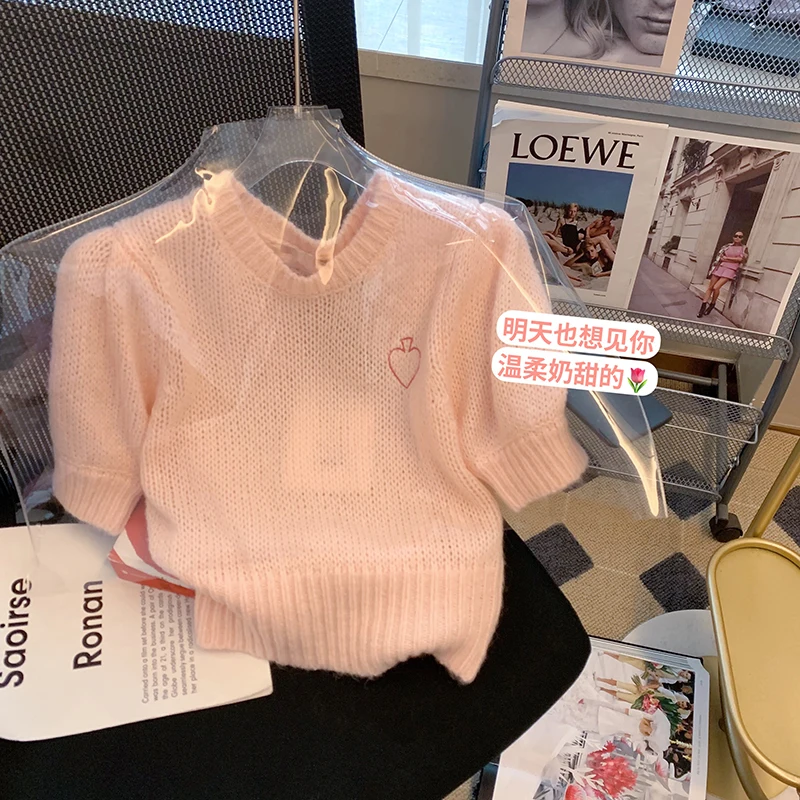 

Korean Pink Three-dimensional Flower Short-sleeved Knitted Sweater Women's 2023 Summer New Chic Retro Knitwear T Shirts Tops