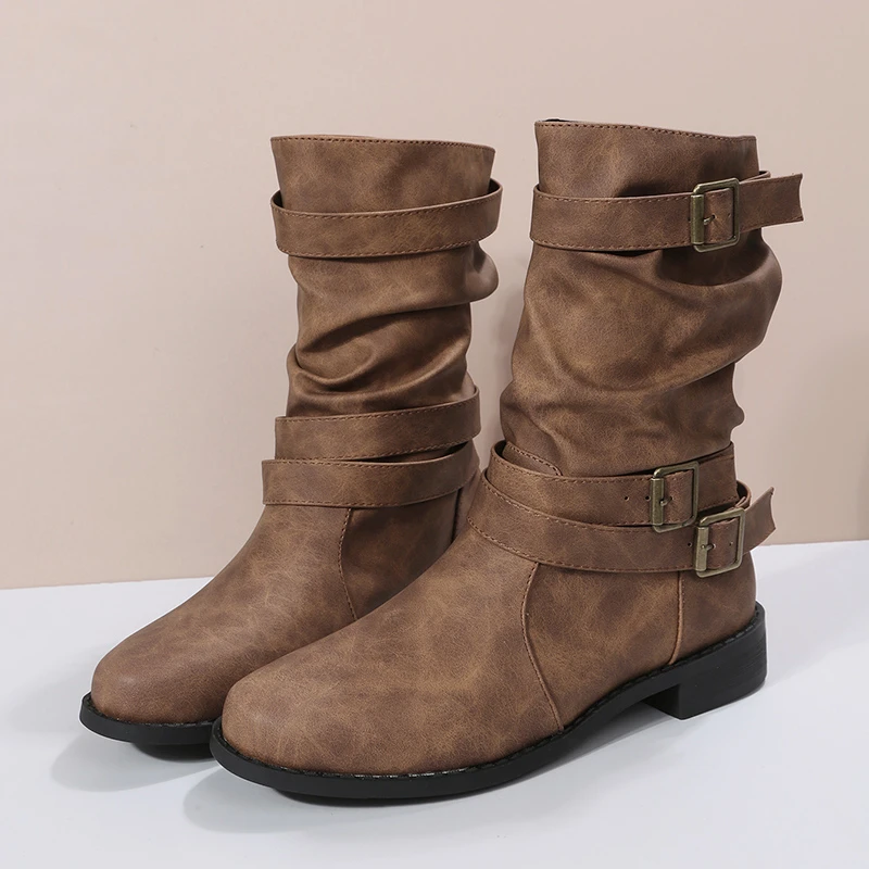 Women's Boots 2023 New Fashion Buckle Square Heel Middle Heel Calf Boots Autumn and Winter Outdoor Casual Botas De Mujer Women