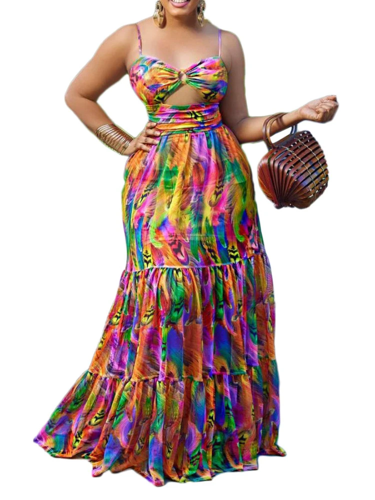 Summer new long dress slip print sexy fashion style swing skirt party dresses plus size dresses