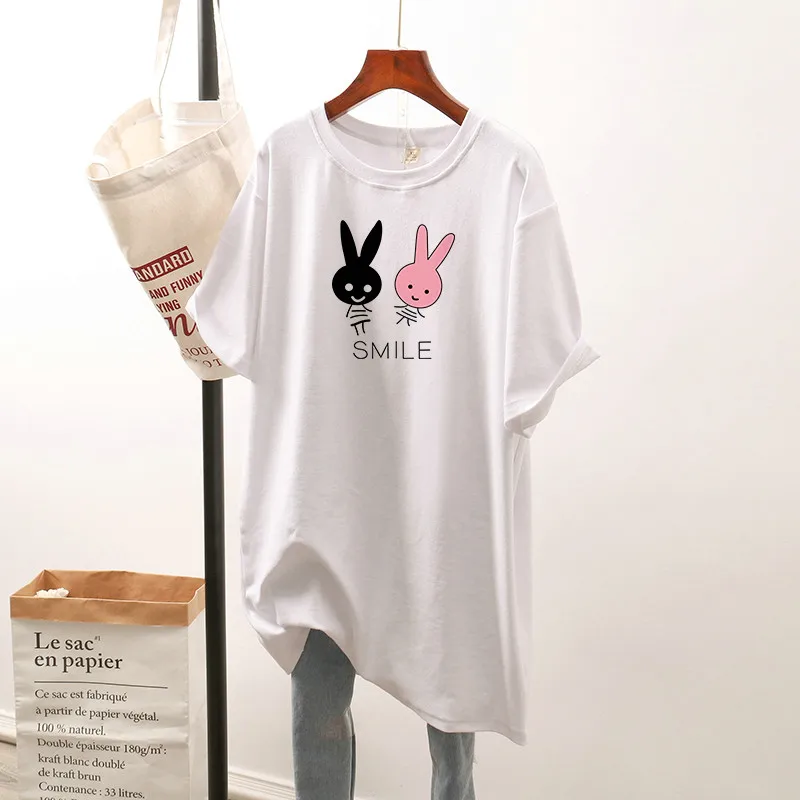 

DAYIFUN Cotton L-4XL T Shirt Dress Mid Length Cartoon Print Tshirt Short Sleeve Women Top Summer Plus Size Oversized T Shirts