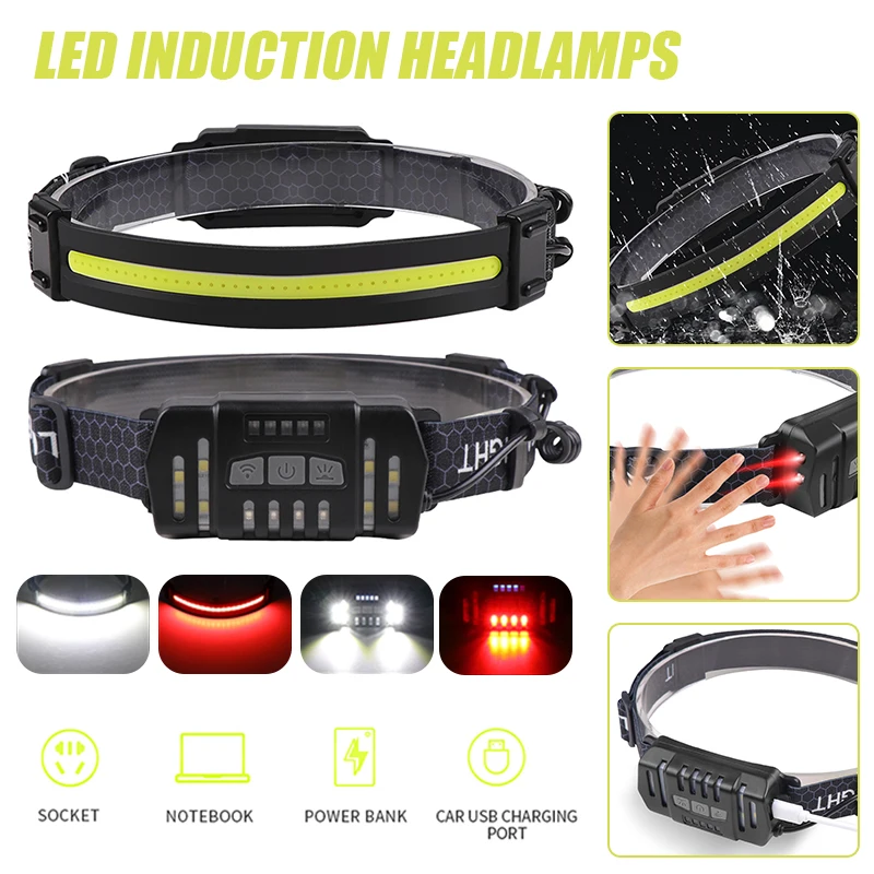 

COB LED Headlamp Wave Induction 400lm 1200mAh Waterproof Outdoor Safety Work Headlight Torch for Camping Hiking Fishing