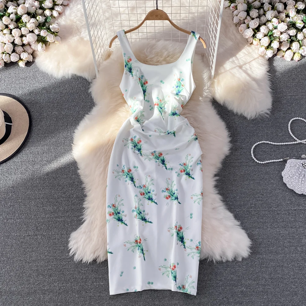 

White Holiday Dress Women Sexy Floral Suspender Dress 2022 Summer New Girl Fashion Sleeveless Wrap Hip Bodycon Strap Dress