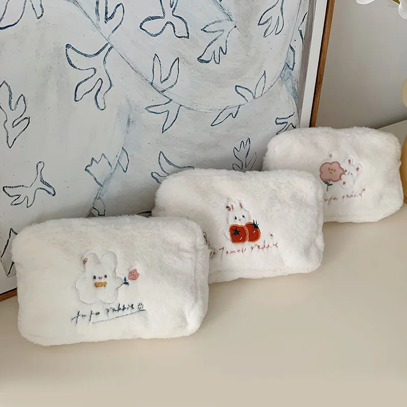 

Cute Makeup Bags Cartoon Embroidery Pouch Female Make Up Bag Soft Autumn and Winter Plush Cosmetic Bag Women Flower Rabbit