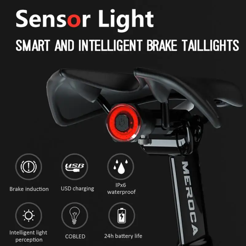 

100LM Cob LED Bicycle Safety Warning Smart Brake Rear Lamp Cycling 500mah USB 180° 4 Modes Aluminum Alloy IPX6 Bike Tail Light