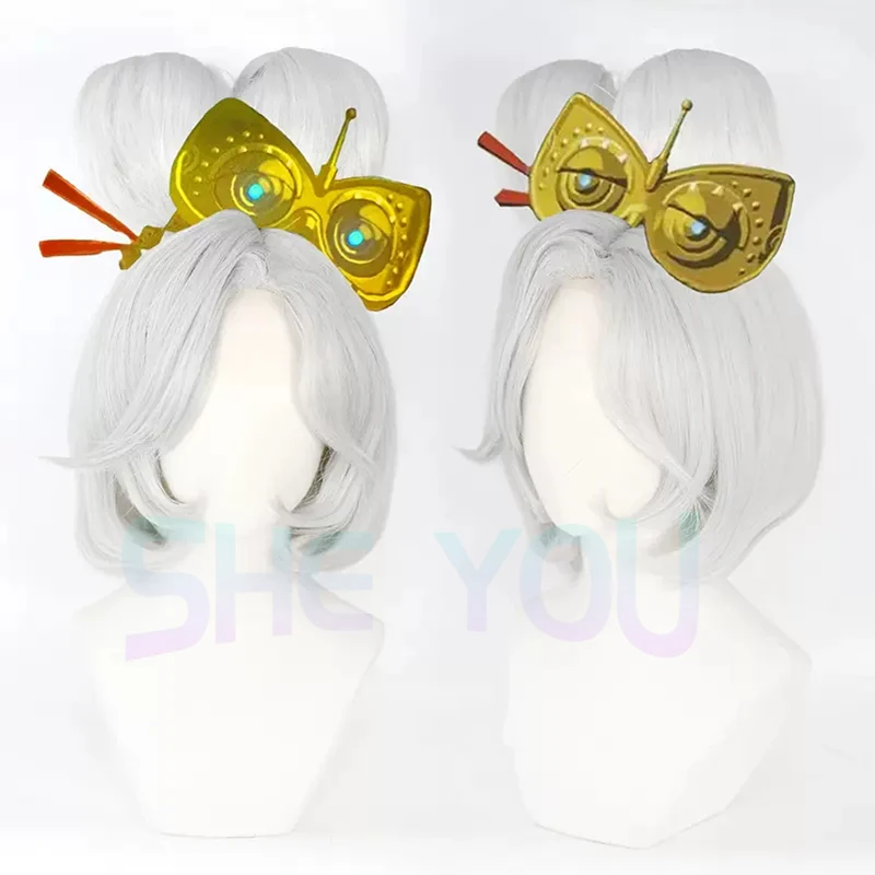 Парик для косплея из Purah высокого качества, термостойкие короткие серебристые и белые булочки принцессы из аниме Зельды из синтетических волос, с шапочкой
