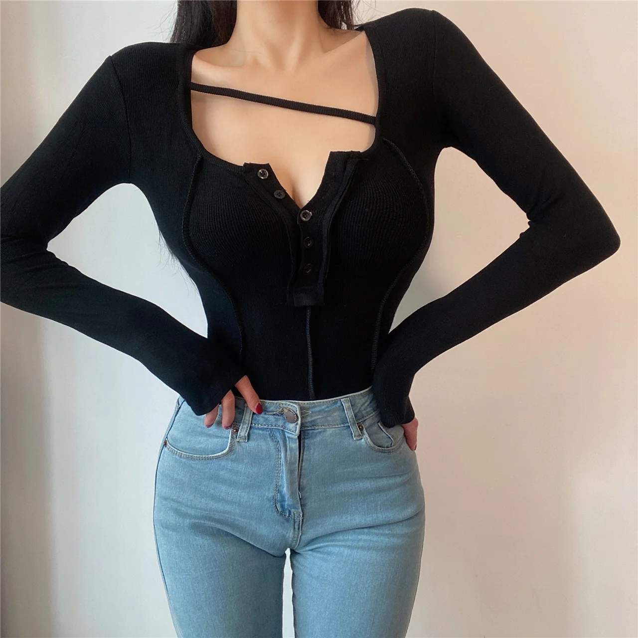 

Desire Fashion Solid Kawaii Color V-neck Tight Thin Long Sleeve Hot Sexy Short T-shirt Tees Hot Sexy Korean Tops 2022 A1TW