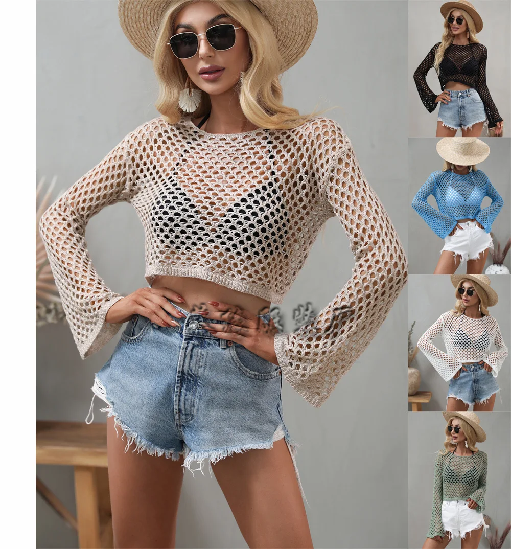 

2022 Black Knit Sweater Flared Sleeves Cropped Ladies Top Crew Neck Knit Cutout Summer Y2K Beach Sexy T-Shirt Casual Bandage