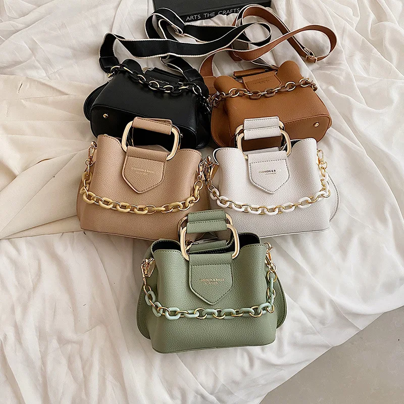 2023 New Small Bucket Shoulder Bag Fashion Chain Cross Body Wide Strap Top-Handle Tote Fashion Design Female Purse & Handbag